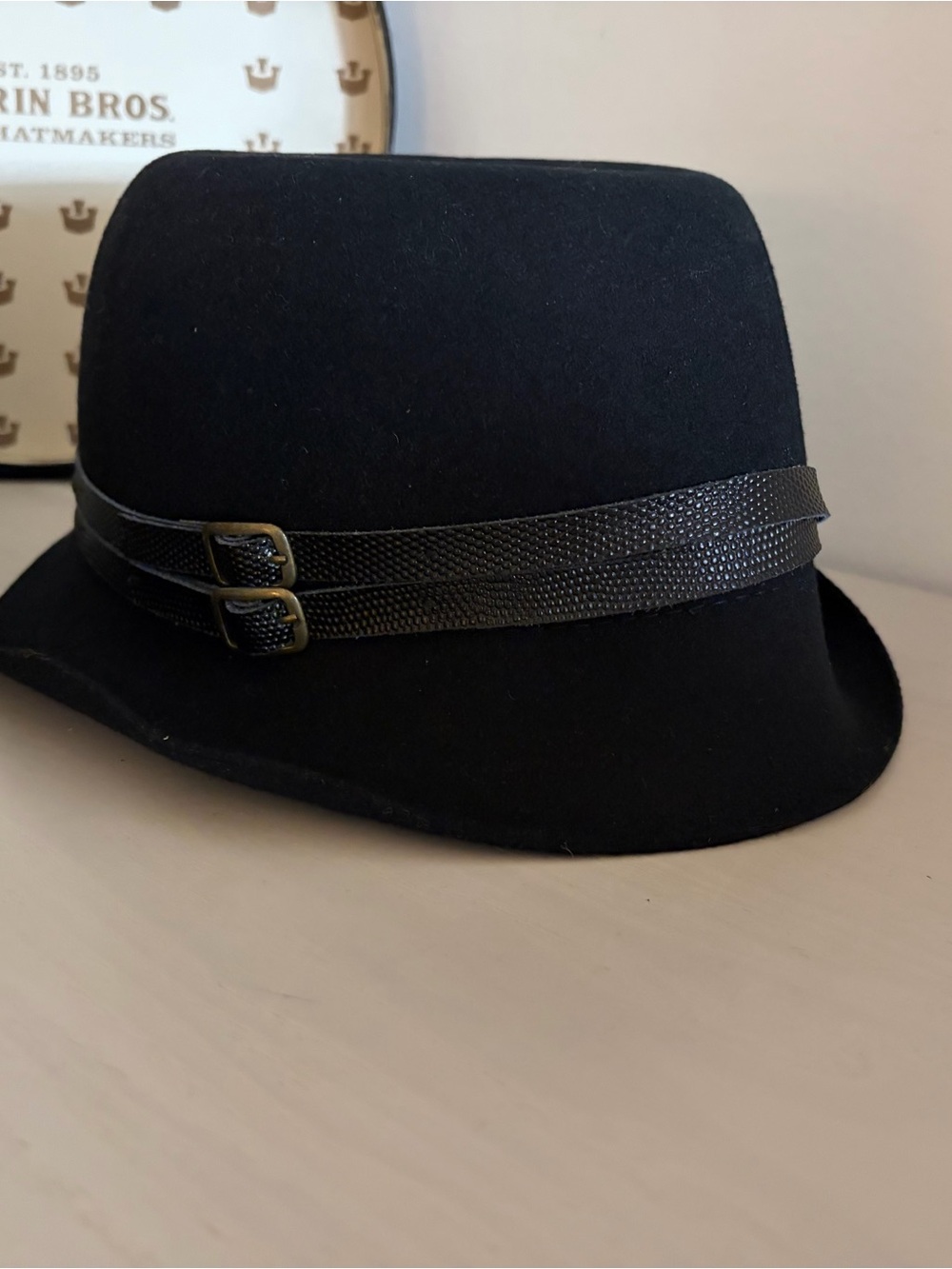 Goorin Bros. Limited Edition Tabby Black Felt Cloche Hat with Double Buckle Trim